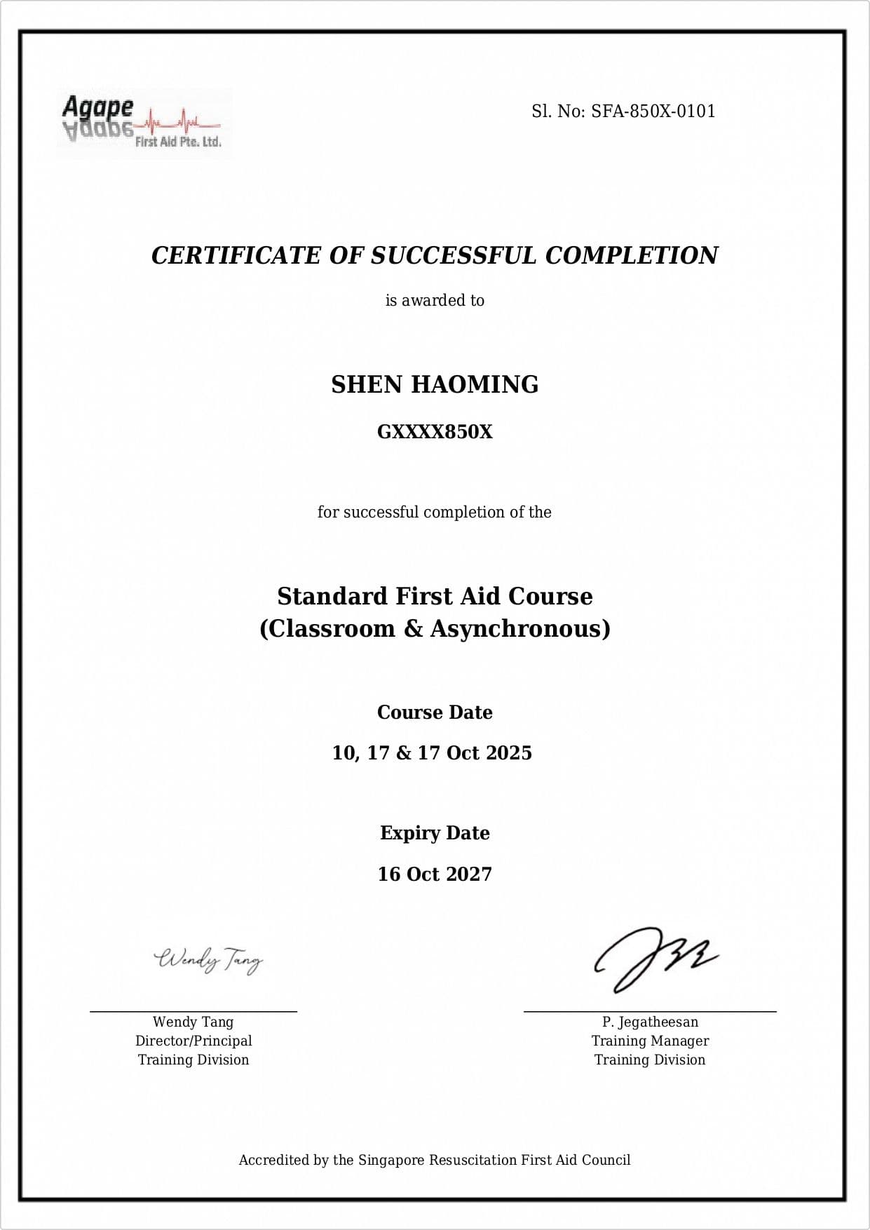 Standard First Aid Certificate of Completion